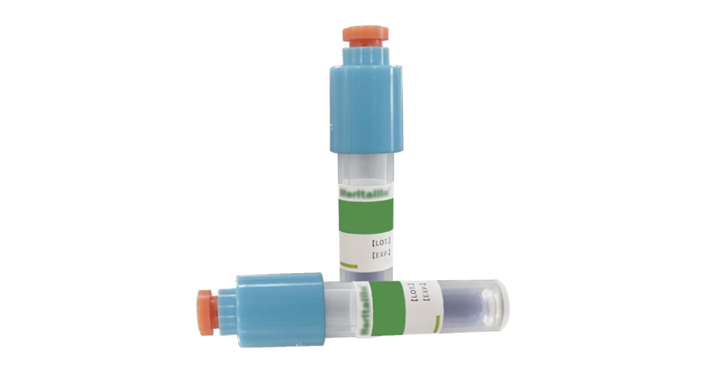 Two medical vials with blue caps and green labels, one standing upright and the other lying horizontally, each with an orange seal at the top.