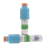 Two medical vials with blue caps and green labels, one standing upright and the other lying horizontally, each with an orange seal at the top.