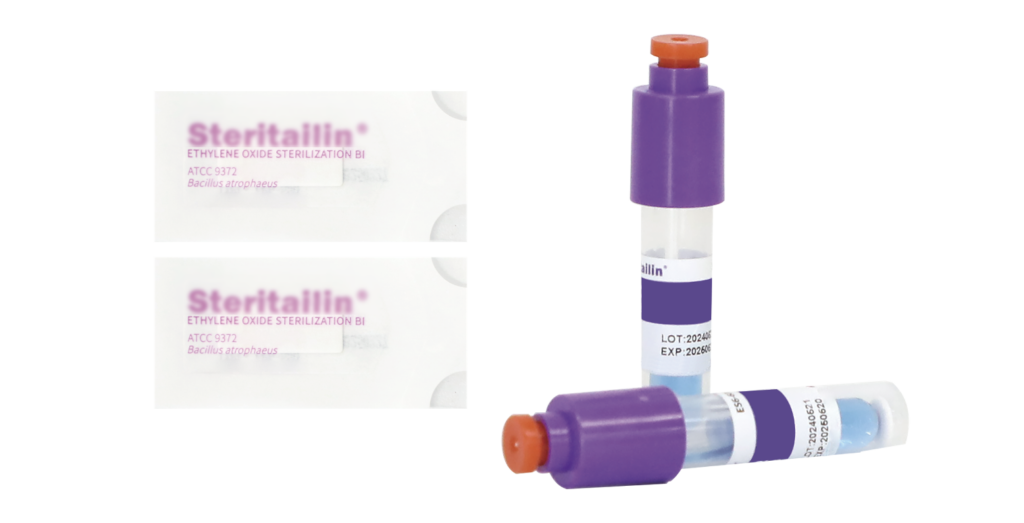 Two Steritillin ethylene oxide sterilization BI cards on the left and two purple-capped indicator vials with orange tops on the right.