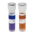 Two clear sample vials with white caps, one containing dark blue liquid and the other orange, labeled for lab analysis and standing upright side by side