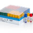 Cryobank storage box with rows of labeled tubes and color-coded caps beside it, used for sample storage.