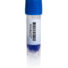 Blue plastic cap on a cylindrical white tube with a barcode label running vertically along its side, photographed against a white background.