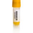 Test tube with a yellow ribbed cap and white label featuring a barcode