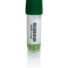 White cylindrical container with a dark green ribbed cap and a barcode label, containing small green beads at the bottom.