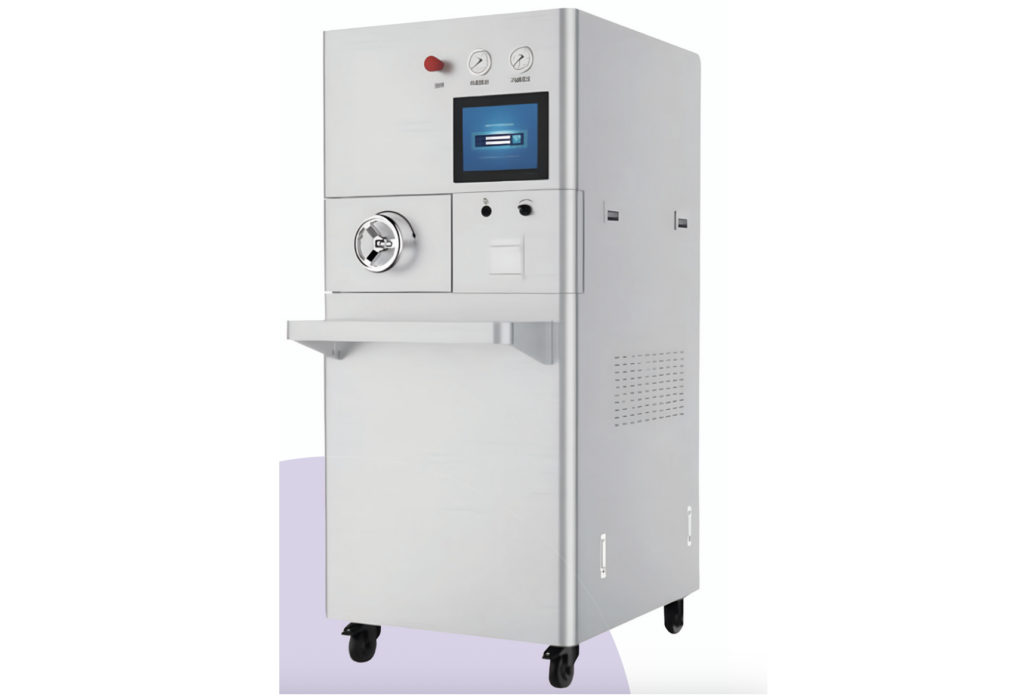 Stainless steel industrial machine on wheels with a blue touchscreen display and control knobs on the front panel.