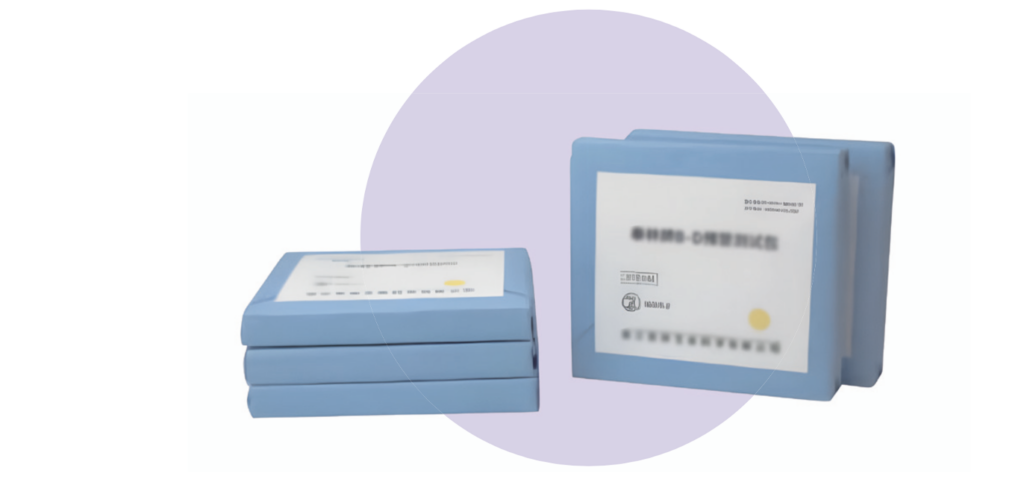 Two blue, stackable printers with printed sheets resting on a white surface, set against a pale lavender circle background.