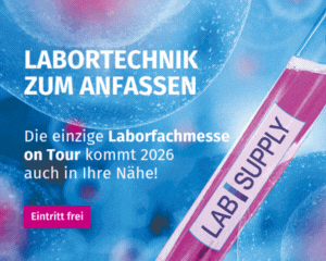 Banner für die Labortechnik zum Anfassen: pink beschriftete Reagenzröhre mit LAB SUPPLY, Infos zur Tour 2026 und freier Eintritt.